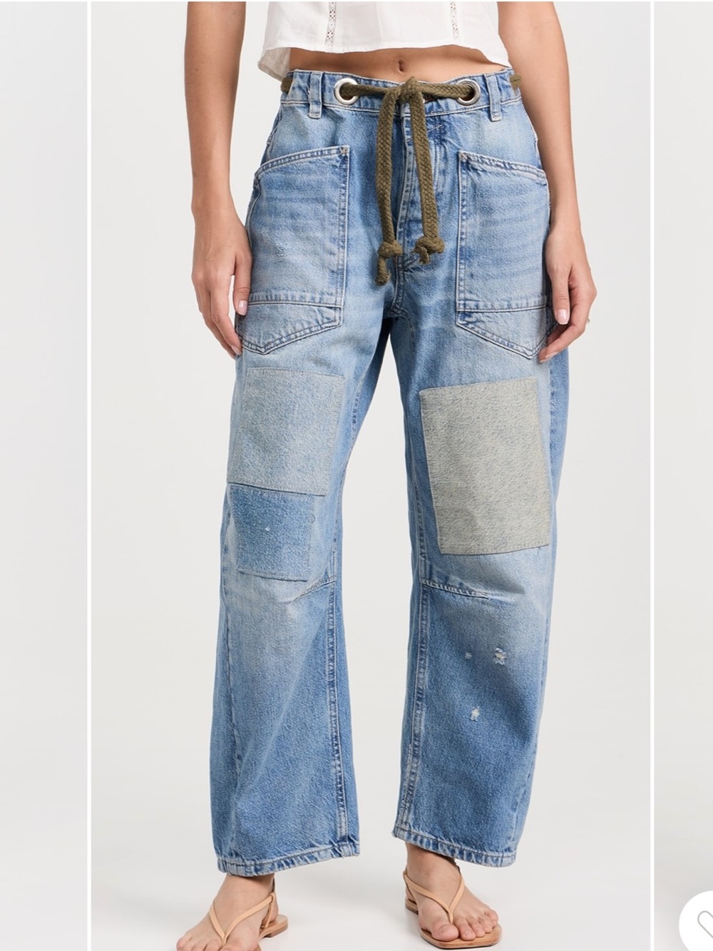Free People Jeans Moxie Barrel Leg Distressed Green Belted in Truest Blue - Picture 4 of 10